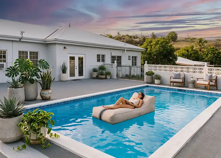 pool A woman floats in her backyard pool. The pool is surrounded with slip resistant deck tile from Duragrid